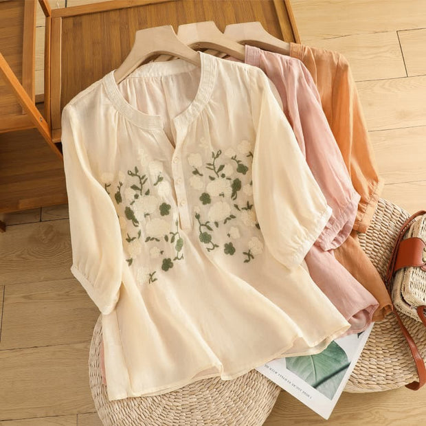 Buddha Stones Casual Women's Flowers Green Leaves Embroidery Pattern V-Neck Design Half Sleeve Cotton Linen Shirt