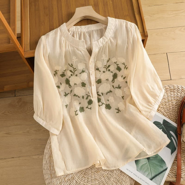 Buddha Stones Casual Women's Flowers Green Leaves Embroidery Pattern V-Neck Design Half Sleeve Cotton Linen Shirt