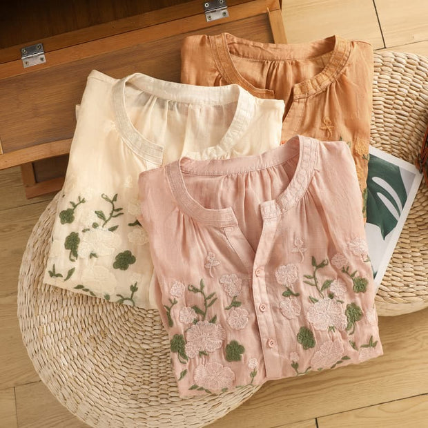 Buddha Stones Casual Women's Flowers Green Leaves Embroidery Pattern V-Neck Design Half Sleeve Cotton Linen Shirt