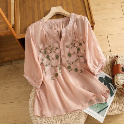 Buddha Stones Casual Women's Flowers Green Leaves Embroidery Pattern V-Neck Design Half Sleeve Cotton Linen Shirt