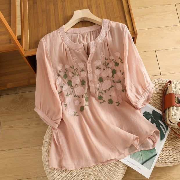Buddha Stones Casual Women's Flowers Green Leaves Embroidery Pattern V-Neck Design Half Sleeve Cotton Linen Shirt