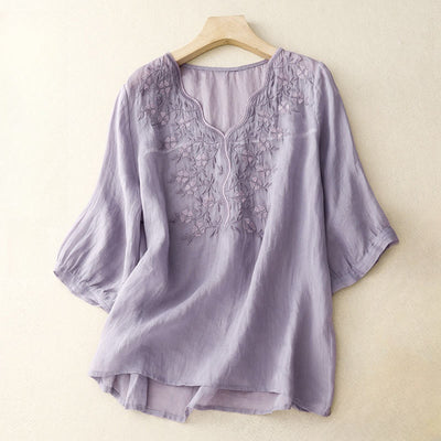 Buddha Stones Summer Casual Embroidered Flowers Women's V-neck Design Half Sleeve Acrylic T-shirt