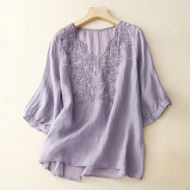 Buddha Stones Summer Casual Embroidered Flowers Women's V-neck Design Half Sleeve Acrylic T-shirt