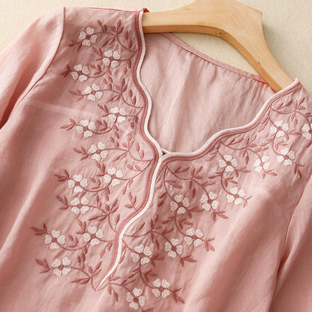 Buddha Stones Summer Casual Embroidered Flowers Women's V-neck Design Half Sleeve Acrylic T-shirt