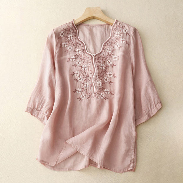 Buddha Stones Summer Casual Embroidered Flowers Women's V-neck Design Half Sleeve Acrylic T-shirt