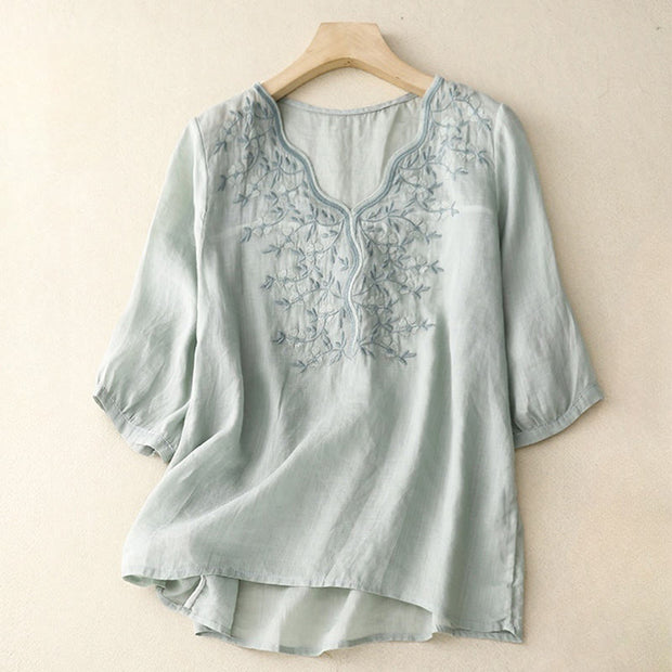 Buddha Stones Summer Casual Embroidered Flowers Women's V-neck Design Half Sleeve Acrylic T-shirt