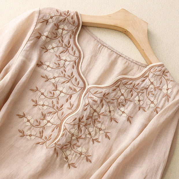 Buddha Stones Summer Casual Embroidered Flowers Women's V-neck Design Half Sleeve Acrylic T-shirt