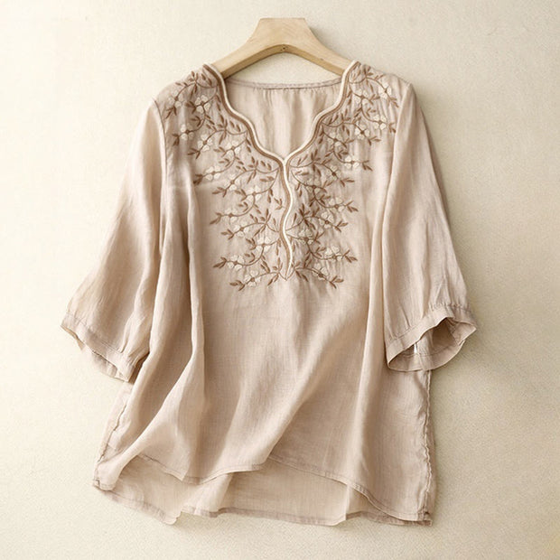 Buddha Stones Summer Casual Embroidered Flowers Women's V-neck Design Half Sleeve Acrylic T-shirt