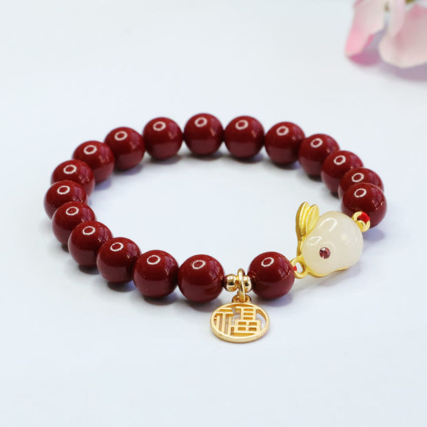 Buddha Stones Cinnabar Rabbit Bunny Fu Character Blessing Bracelet