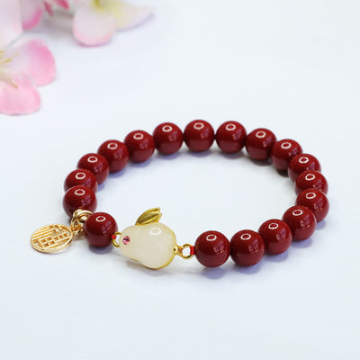 Buddha Stones Cinnabar Rabbit Bunny Fu Character Blessing Bracelet
