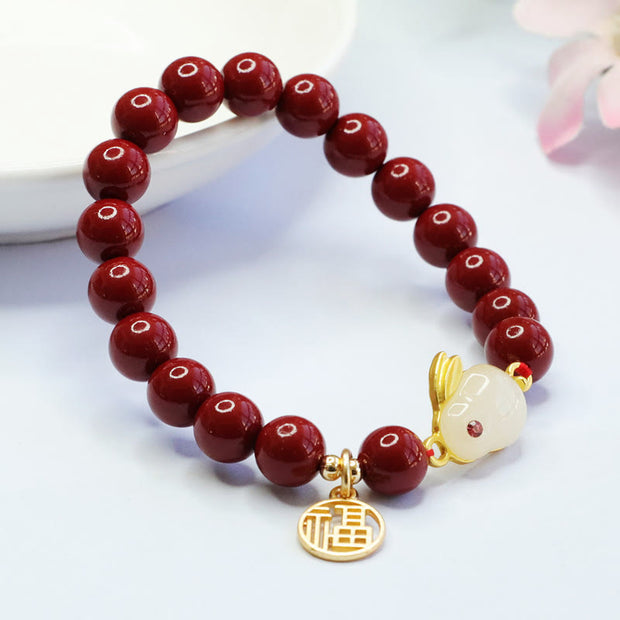 Buddha Stones Cinnabar Rabbit Bunny Fu Character Blessing Bracelet