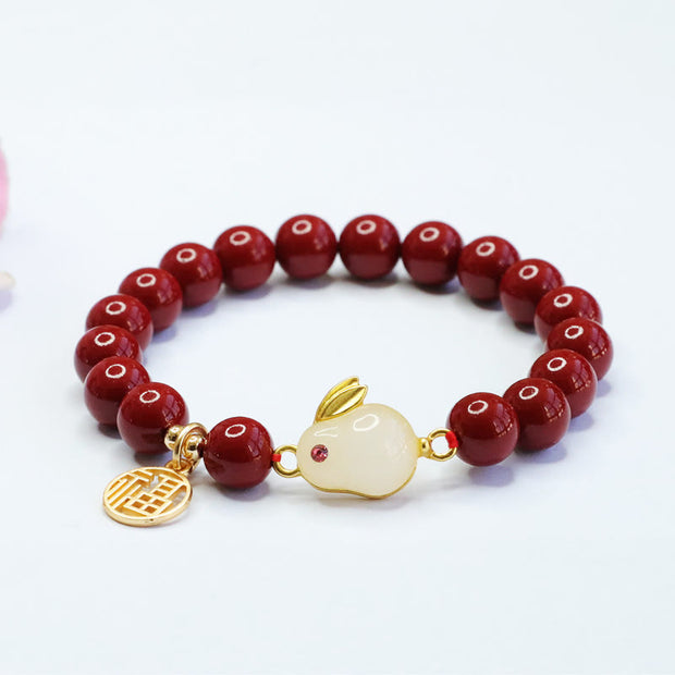 Buddha Stones Cinnabar Rabbit Bunny Fu Character Blessing Bracelet