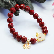 Buddha Stones Cinnabar Rabbit Bunny Fu Character Blessing Bracelet