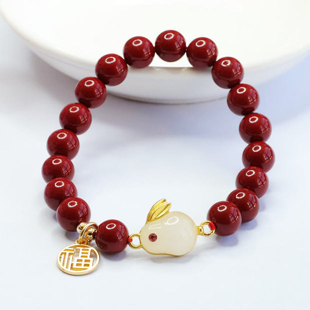 Buddha Stones Cinnabar Rabbit Bunny Fu Character Blessing Bracelet