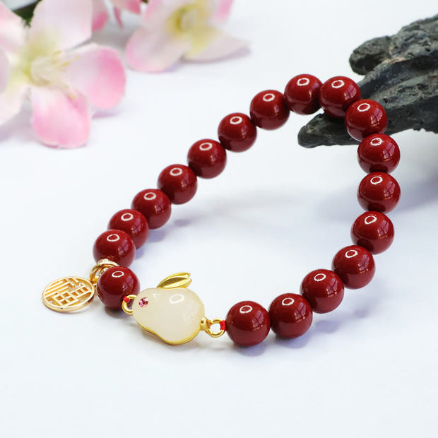 Buddha Stones Cinnabar Rabbit Bunny Fu Character Blessing Bracelet