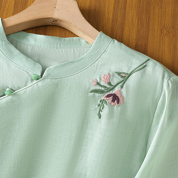 Buddha Stones Casual Women's Flowers Leaves Embroidery Pattern Frog-Button Crew Neck Design Half Sleeve Cotton Linen Shirt