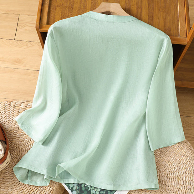 Buddha Stones Casual Women's Flowers Leaves Embroidery Pattern Frog-Button Crew Neck Design Half Sleeve Cotton Linen Shirt