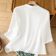 Buddha Stones Casual Women's Flowers Leaves Embroidery Pattern Frog-Button Crew Neck Design Half Sleeve Cotton Linen Shirt