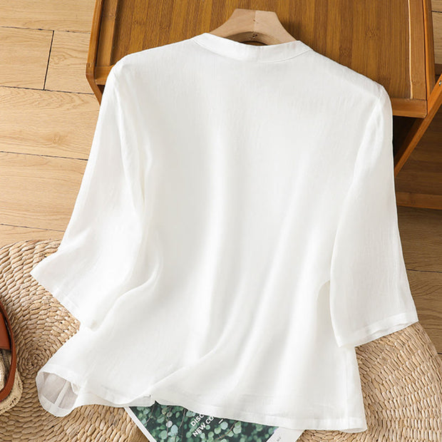 Buddha Stones Casual Women's Flowers Leaves Embroidery Pattern Frog-Button Crew Neck Design Half Sleeve Cotton Linen Shirt