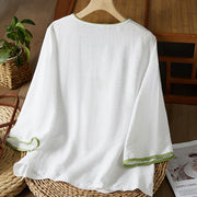 Buddha Stones Casual Women's Flowers Embroidery Pattern Frog-button Slanted Collar Design Three Quarter Sleeve Cotton Linen Shirt