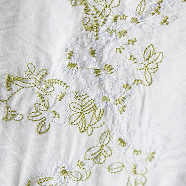 Buddha Stones Casual Women's Flowers Embroidery Pattern Frog-button Slanted Collar Design Three Quarter Sleeve Cotton Linen Shirt
