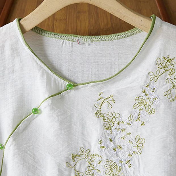Buddha Stones Casual Women's Flowers Embroidery Pattern Frog-button Slanted Collar Design Three Quarter Sleeve Cotton Linen Shirt
