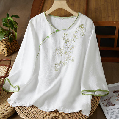 Buddha Stones Casual Women's Flowers Embroidery Pattern Frog-button Slanted Collar Design Three Quarter Sleeve Cotton Linen Shirt