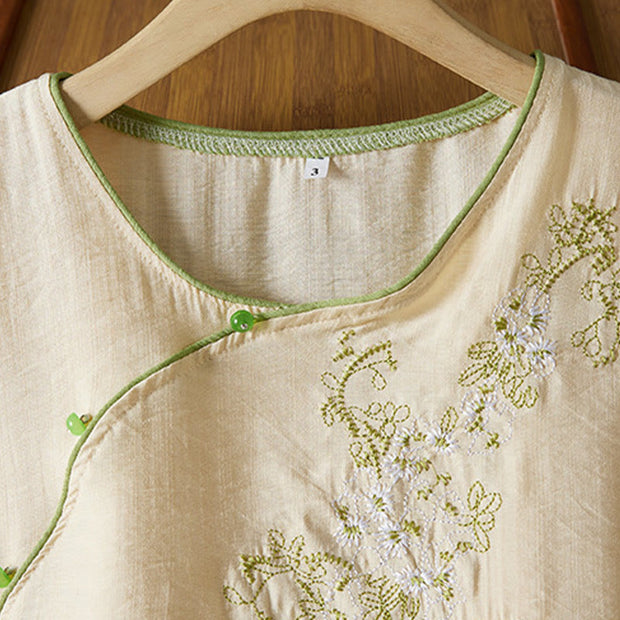 Buddha Stones Casual Women's Flowers Embroidery Pattern Frog-button Slanted Collar Design Three Quarter Sleeve Cotton Linen Shirt
