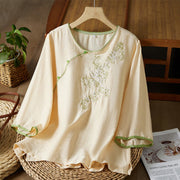Buddha Stones Casual Women's Flowers Embroidery Pattern Frog-button Slanted Collar Design Three Quarter Sleeve Cotton Linen Shirt