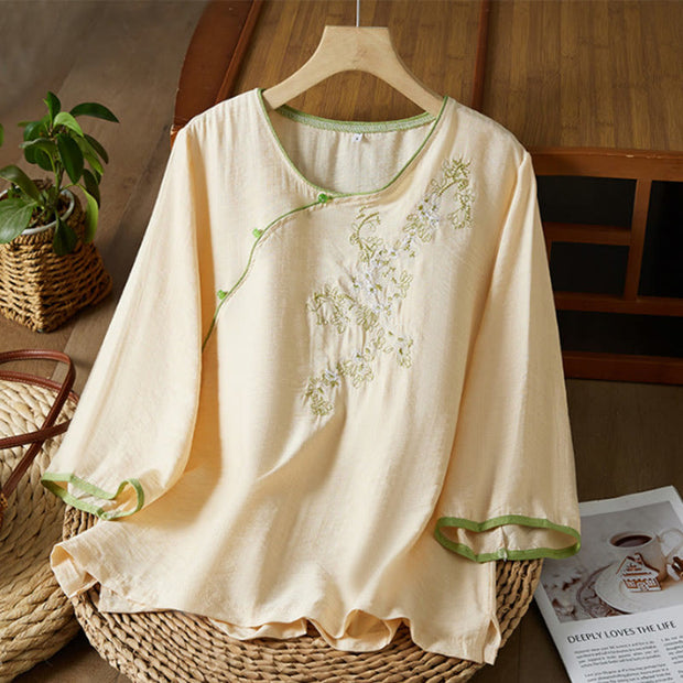 Buddha Stones Casual Women's Flowers Embroidery Pattern Frog-button Slanted Collar Design Three Quarter Sleeve Cotton Linen Shirt