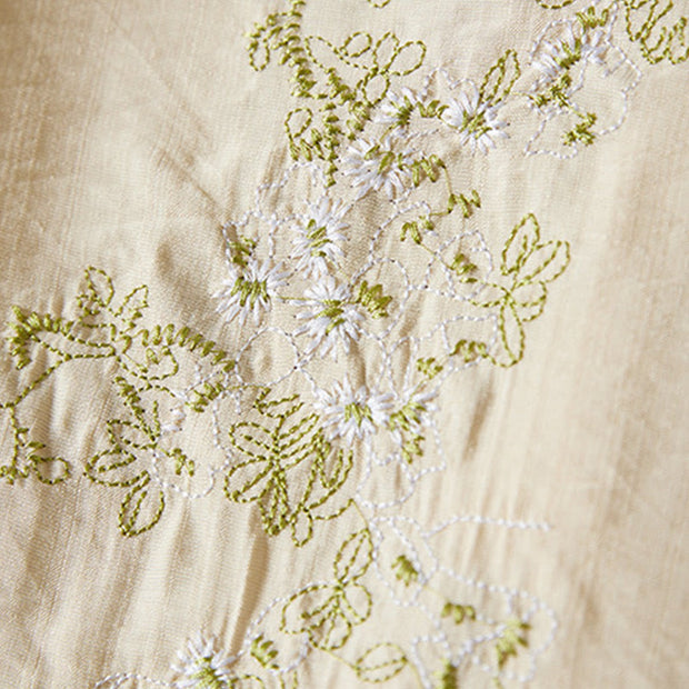 Buddha Stones Casual Women's Flowers Embroidery Pattern Frog-button Slanted Collar Design Three Quarter Sleeve Cotton Linen Shirt
