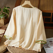 Buddha Stones Casual Women's Flowers Embroidery Pattern Frog-button Slanted Collar Design Three Quarter Sleeve Cotton Linen Shirt