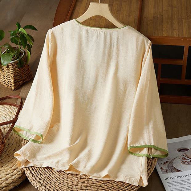 Buddha Stones Casual Women's Flowers Embroidery Pattern Frog-button Slanted Collar Design Three Quarter Sleeve Cotton Linen Shirt