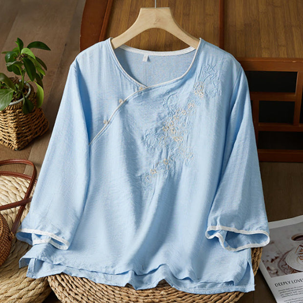 Buddha Stones Casual Women's Flowers Embroidery Pattern Frog-button Slanted Collar Design Three Quarter Sleeve Cotton Linen Shirt