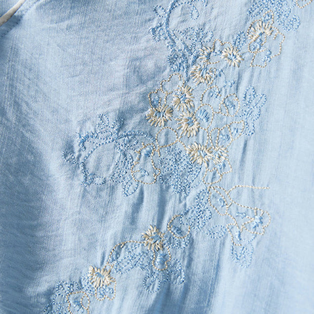 Buddha Stones Casual Women's Flowers Embroidery Pattern Frog-button Slanted Collar Design Three Quarter Sleeve Cotton Linen Shirt