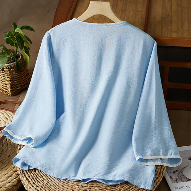 Buddha Stones Casual Women's Flowers Embroidery Pattern Frog-button Slanted Collar Design Three Quarter Sleeve Cotton Linen Shirt