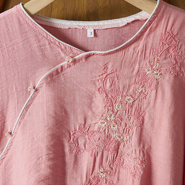 Buddha Stones Casual Women's Flowers Embroidery Pattern Frog-button Slanted Collar Design Three Quarter Sleeve Cotton Linen Shirt