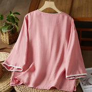Buddha Stones Casual Women's Flowers Embroidery Pattern Frog-button Slanted Collar Design Three Quarter Sleeve Cotton Linen Shirt