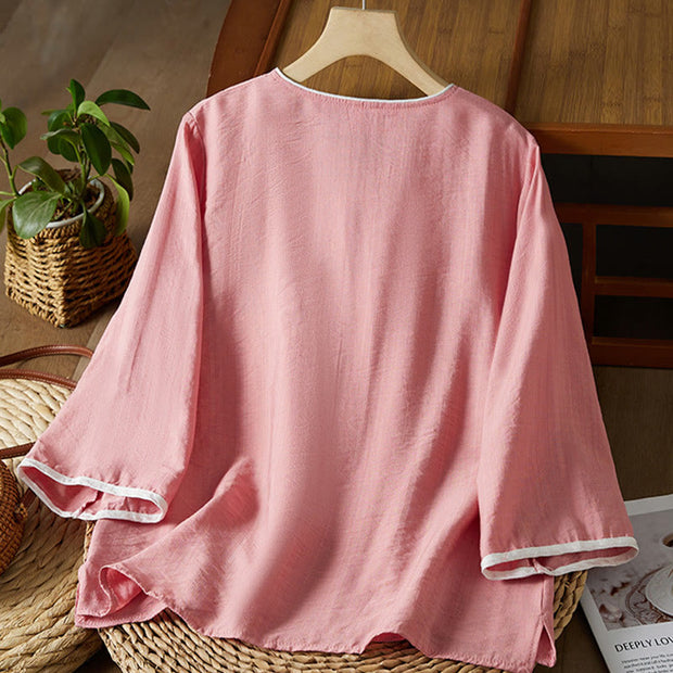 Buddha Stones Casual Women's Flowers Embroidery Pattern Frog-button Slanted Collar Design Three Quarter Sleeve Cotton Linen Shirt