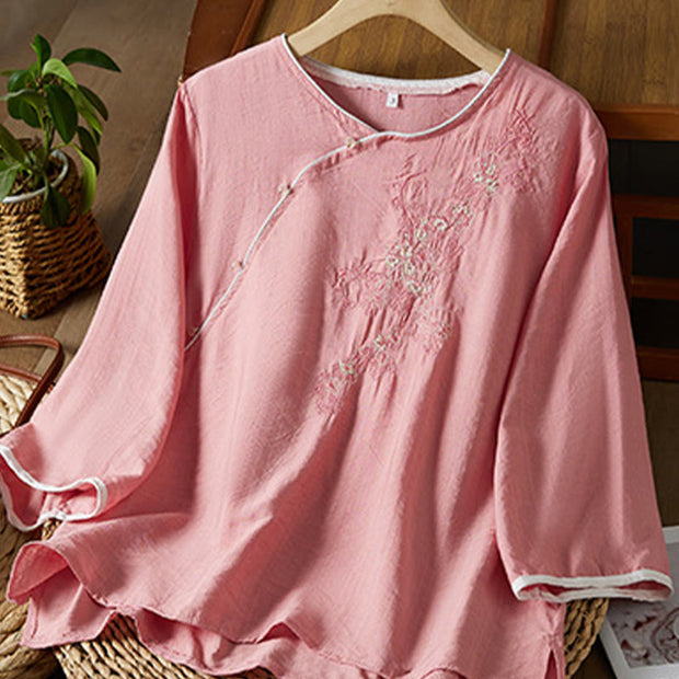Buddha Stones Casual Women's Flowers Embroidery Pattern Frog-button Slanted Collar Design Three Quarter Sleeve Cotton Linen Shirt