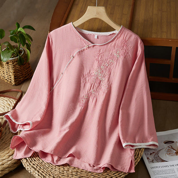 Buddha Stones Casual Women's Flowers Embroidery Pattern Frog-button Slanted Collar Design Three Quarter Sleeve Cotton Linen Shirt