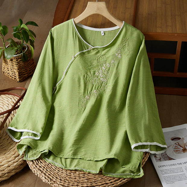 Buddha Stones Casual Women's Flowers Embroidery Pattern Frog-button Slanted Collar Design Three Quarter Sleeve Cotton Linen Shirt
