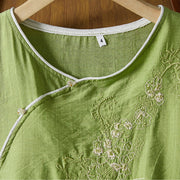 Buddha Stones Casual Women's Flowers Embroidery Pattern Frog-button Slanted Collar Design Three Quarter Sleeve Cotton Linen Shirt