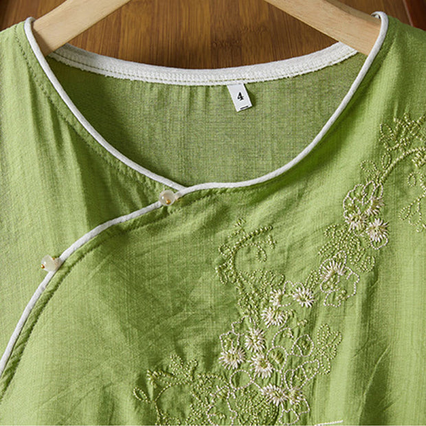 Buddha Stones Casual Women's Flowers Embroidery Pattern Frog-button Slanted Collar Design Three Quarter Sleeve Cotton Linen Shirt