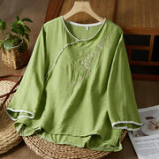 Buddha Stones Casual Women's Flowers Embroidery Pattern Frog-button Slanted Collar Design Three Quarter Sleeve Cotton Linen Shirt