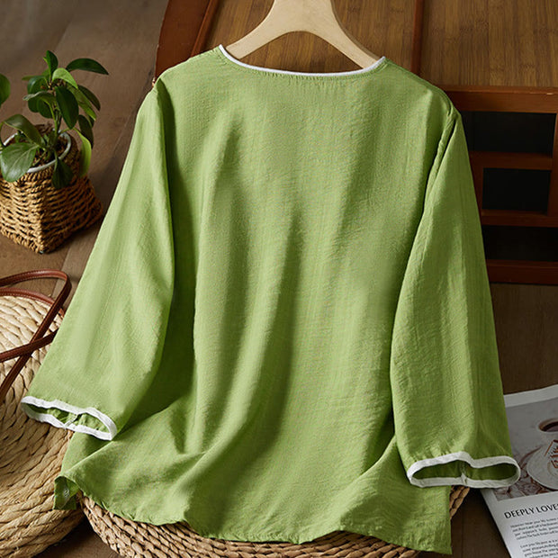 Buddha Stones Casual Women's Flowers Embroidery Pattern Frog-button Slanted Collar Design Three Quarter Sleeve Cotton Linen Shirt