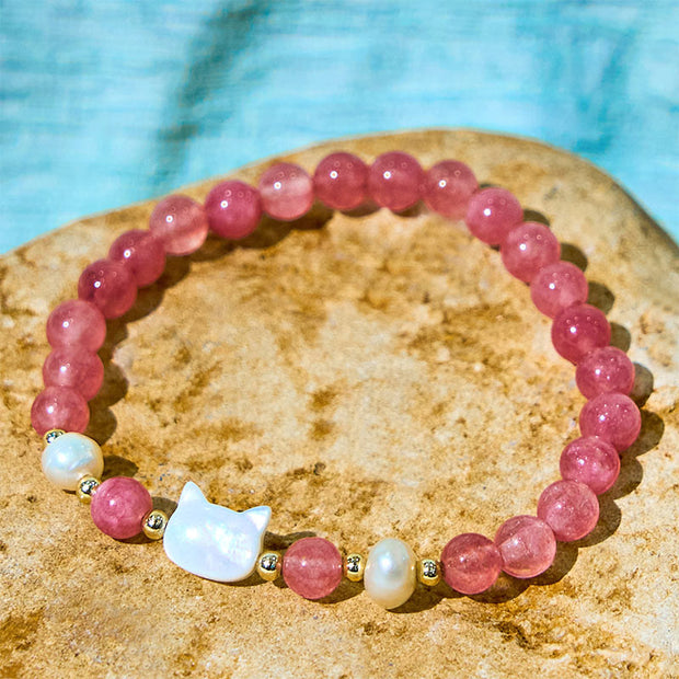 Buddha Stones Strawberry Quartz Pearl Cat Rabbit Healing Bracelet