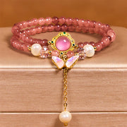 Buddha Stones Natural Strawberry Quartz Pearl Butterfly Water Drop Positive Double Wrap Bracelet