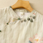 Buddha Stones Casual Women's Ink Lotus Pattern Frog-button Slanted Collar Design Three Quarter Sleeve Cotton Linen Shirt