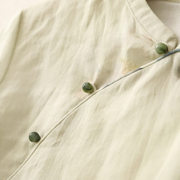 Buddha Stones Casual Women's Ink Lotus Pattern Frog-button Slanted Collar Design Three Quarter Sleeve Cotton Linen Shirt
